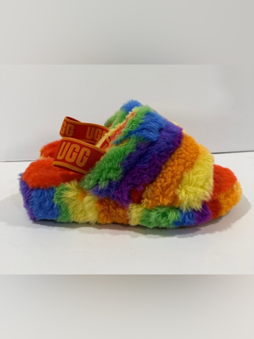 UGG Fluff Yeah Slide Rainbow Multi Color Shearling Slingback Sandal Size 7 Women